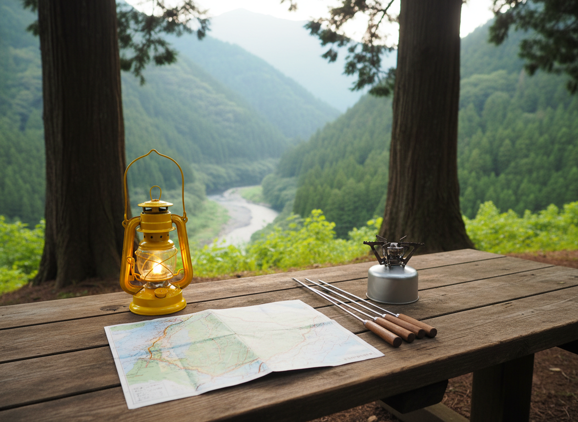A close-up, photographic shot of a rustic wooden picnic table set under towering cedar trees at Wajiki Line Camp Village. On the table lie a folded trail map, a bright yellow enamel lantern, and a neatly arranged set of roasting sticks beside a small metal camp stove. In the background, softly blurred, a river curves through a lush valley framed by emerald mountains and dense forest. Early morning light filters through the branches, casting gentle beams and soft shadows over the weathered wood grain. Captured from a slightly low angle at table height, with a shallow depth of field, the mood is peaceful yet playful, promising a day of exploration, relaxation, and fresh mountain air.