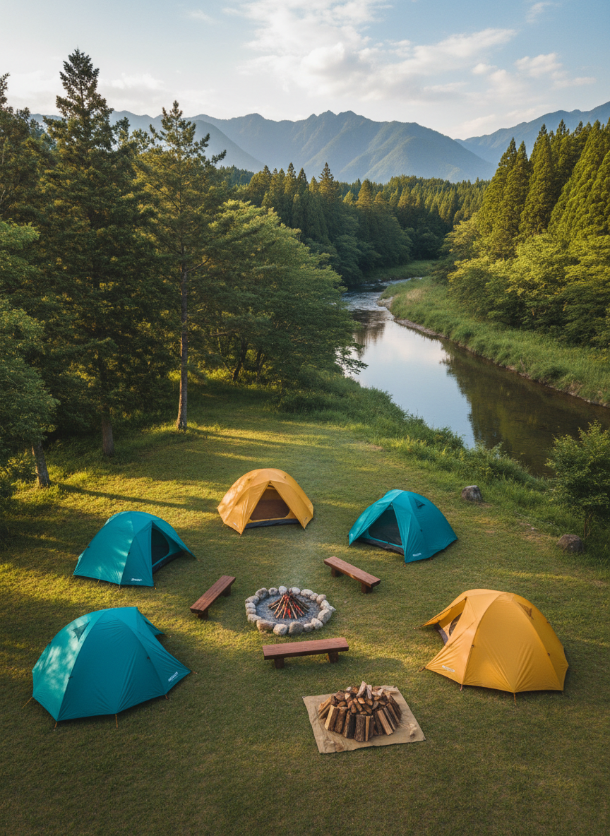 A vibrant overhead view of a playful campsite spread out on a grassy clearing at Wajiki Line Camp Village. Several colorful dome tents in teal, mustard, and burnt orange form a loose circle around a stone-ringed campfire with gently glowing embers. Surrounding the campfire, sturdy wooden benches and a neatly stacked pile of firewood sit beside a winding river reflecting the surrounding forest and mountains. Soft late afternoon sunlight filters through the trees, creating dappled patterns on the tents and ground. The image is photographic and crisp, with sharp focus throughout and a bright, cheerful atmosphere that communicates fun, community, and outdoor adventure without any people present.