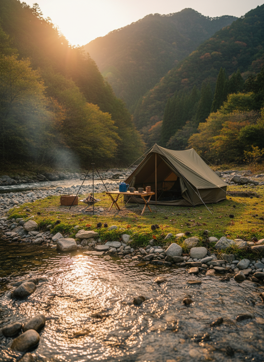 A cozy riverside campsite at Wajiki Line Camp Village, featuring a neatly pitched khaki canvas tent on a soft bed of mossy ground, with a small wooden camping table holding an enamel kettle and mugs. The tent is framed by tall, lush green mountain slopes and dense forest, while a clear, gentle river flows nearby over smooth stones. Captured in warm golden hour light, the scene glows with soft, elongated shadows and sparkling highlights on the water. Photographic realism, shot at eye level with a wide angle, using shallow depth of field to blur the distant mountains. The mood is playful and refreshing, inviting viewers to relax and breathe in the fresh mountain air.