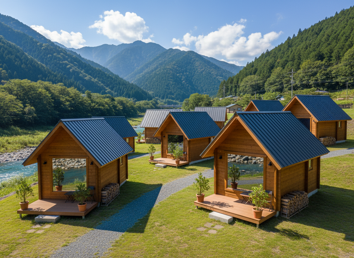 A charming cluster of wooden glamping cabins at Wajiki Line Camp Village, each small cabin built from warm-toned timber with crisp metal roofs and large windows reflecting the surrounding forest and mountains. The cabins sit on a gentle grassy slope above a sparkling river, with small wooden decks adorned with potted evergreens and neatly stacked firewood. The sky is a clear blue with a few fluffy clouds, and bright midday sunlight creates vivid, colorful contrasts and clean, defined shadows. Photographic realism, captured from a slightly elevated angle to show the layout of the village, with sharp focus throughout. The mood is playful, welcoming, and refreshing, showcasing a comfortable yet nature-immersed camping experience without any people in sight.