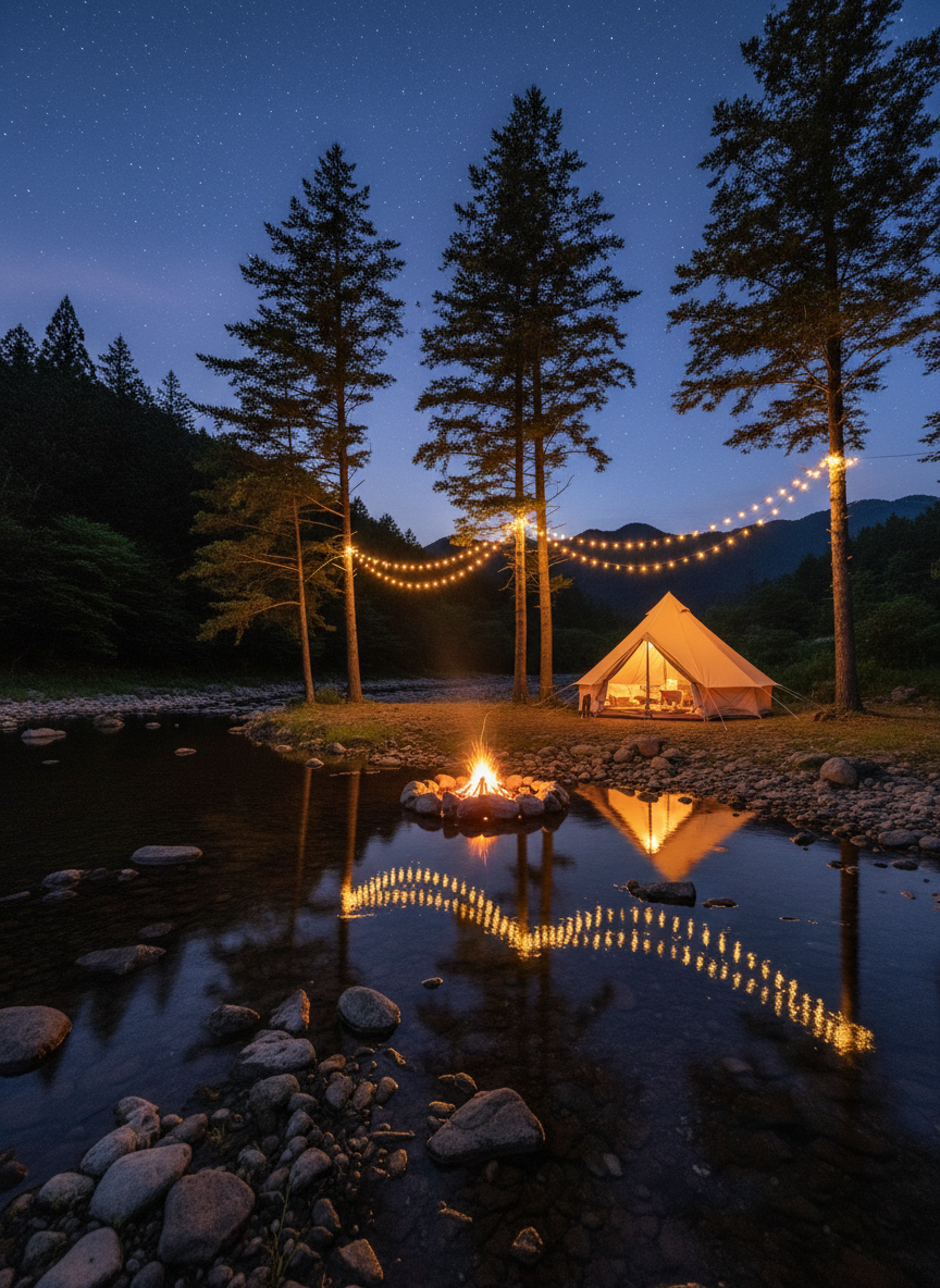A whimsical nighttime scene at Wajiki Line Camp Village, focusing on a tidy campsite beside a calm river, illuminated by strings of warm fairy lights zigzagging between tall pine trees. A sturdy canvas tent glows softly from within, and a ring of smooth stones surrounds a gently flickering campfire, its orange light reflecting on the water and nearby river rocks. The surrounding forest and mountain silhouettes fade into deep blue twilight. Photographic realism, captured from a slightly low angle with a medium-wide lens, emphasizing the twinkling lights and rich contrast between warm and cool tones. The mood is playful, magical, and cozy, inviting viewers to imagine stargazing and storytelling in the fresh mountain air, with no people visible.