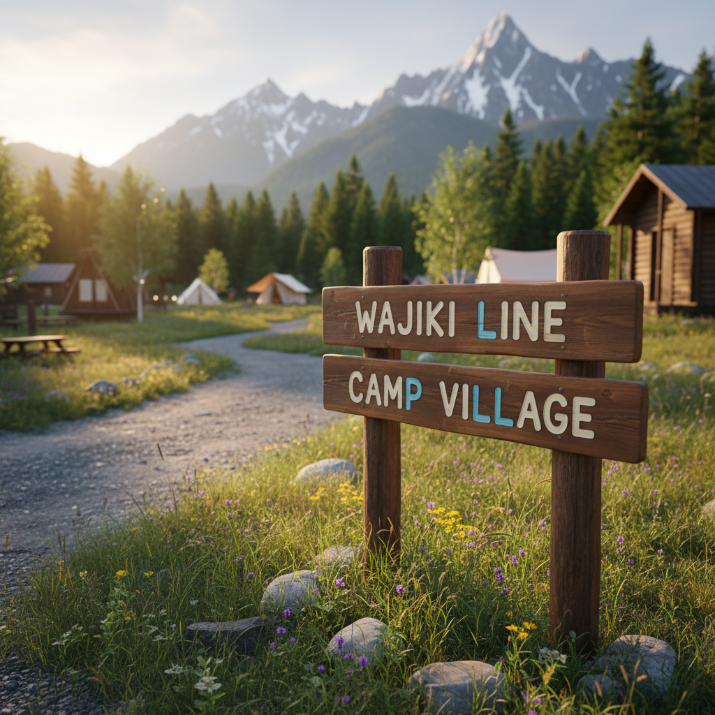 A playful, photographic detail shot of a wooden campsite sign reading “Wajiki Line Camp Village,” crafted from smooth, stained timber with carved, painted letters in a friendly, rounded font. The sign is mounted on two sturdy posts set into a patch of wild grasses and tiny alpine flowers. Behind it, a winding gravel path leads toward a distant cluster of tents and cabins framed by towering mountains and dense green forest. Soft golden hour light bathes the scene, creating long, gentle shadows and a warm glow on the wood grain. Captured from a low angle with the sign dominating the foreground and the village softly blurred in the background, the mood is welcoming, playful, and full of adventure.