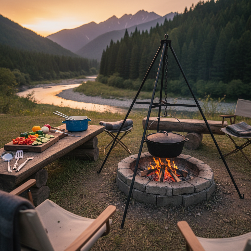 An inviting camp cooking setup at Wajiki Line Camp Village, featuring a sturdy black tripod stand supporting a cast-iron pot hanging over a controlled, glowing bed of coals within a stone-lined fire pit. Nearby, a weathered wooden prep table holds a cutting board with neatly sliced vegetables, a bright blue enamel pot, and a set of stainless steel utensils. The campsite is nestled at the edge of a forest overlooking a gentle mountain river, with distant peaks bathed in warm sunset light. Photographic realism, captured from a three-quarter angle with medium depth of field, keeping the cooking gear sharp while softly blurring the river and mountains. The mood is warm, playful, and communal, emphasizing outdoor cooking fun without any people.