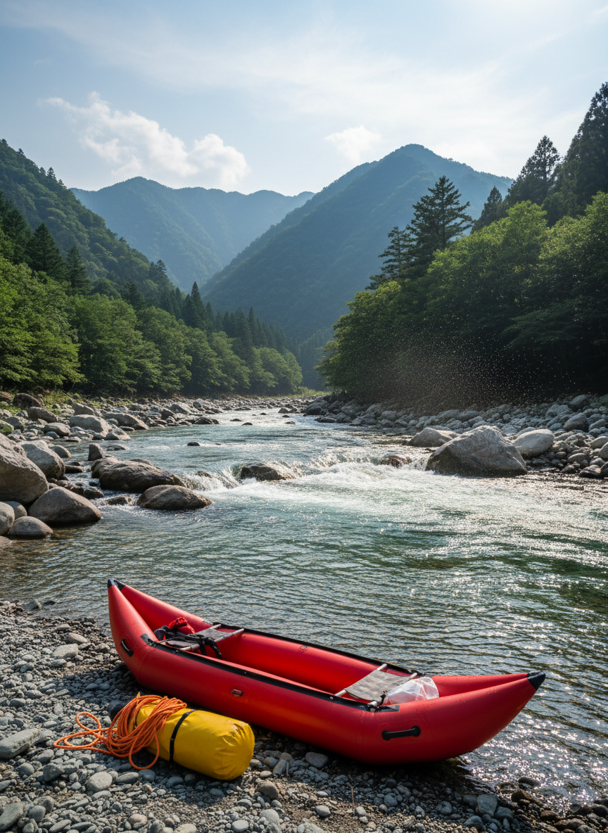 A dynamic, photographic scene of a crystal-clear mountain river rushing past Wajiki Line Camp Village, framed by smooth, rounded boulders and dense emerald forest. On the pebbled riverbank, a bright red inflatable canoe rests beside a neatly coiled rope and a waterproof dry bag. In the distance, layered green mountains rise into a pale blue sky. Captured in bright late morning sunlight, the water sparkles with highlights, and subtle spray hangs above the rapids. Shot from a low angle near the riverbank, with fast shutter speed to freeze individual splashes, the image feels energetic yet refreshing. The mood is playful and adventurous, celebrating river fun and outdoor excitement without any human presence.